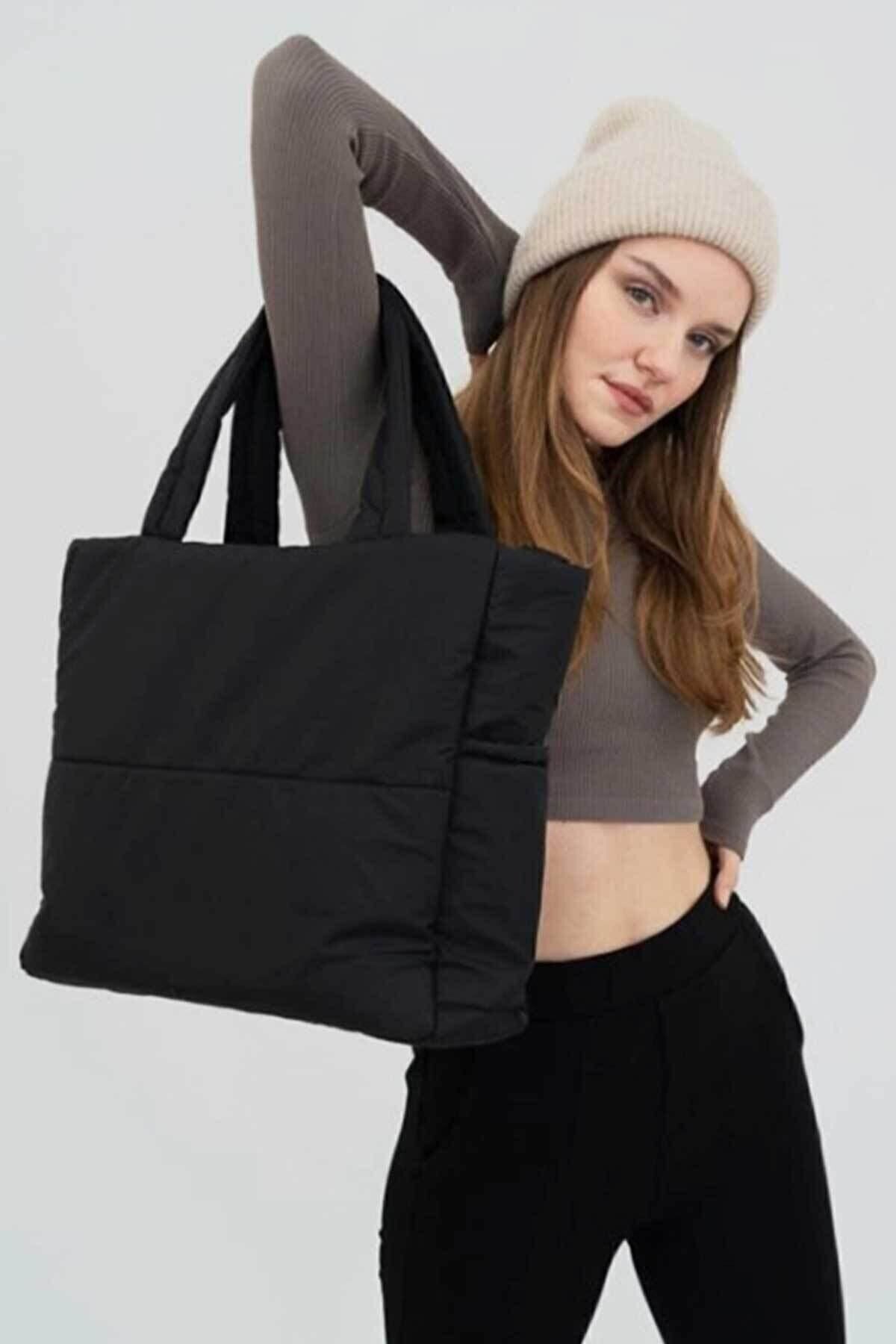 woys Siyah Kabartmalı Pamuklu Kumaş Shopper Çanta -Okul Omuz Çantası - Görsel 3