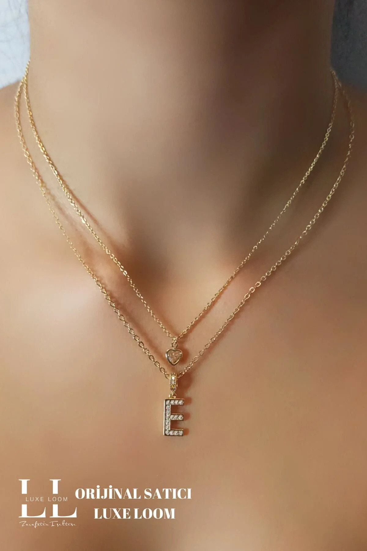 Luxe Loom Zarafetin Işıltısı Kadın Paslanmaz Çelik Gold Renk Zirkon Taşlı Küçük Kalpli E Harfli Çift Katman Kolye