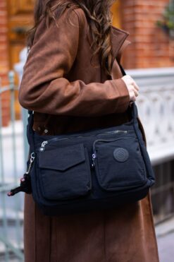 Sanmorris Kadın Suya Dayanıklı Paraşüt Kumaş Çok Gözlü Ayarlanabilir Black Çapraz Askılı Omuz Çantası