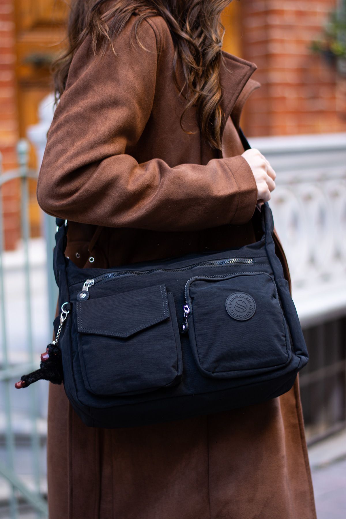 Sanmorris Kadın Suya Dayanıklı Paraşüt Kumaş Çok Gözlü Ayarlanabilir Black Çapraz Askılı Omuz Çantası