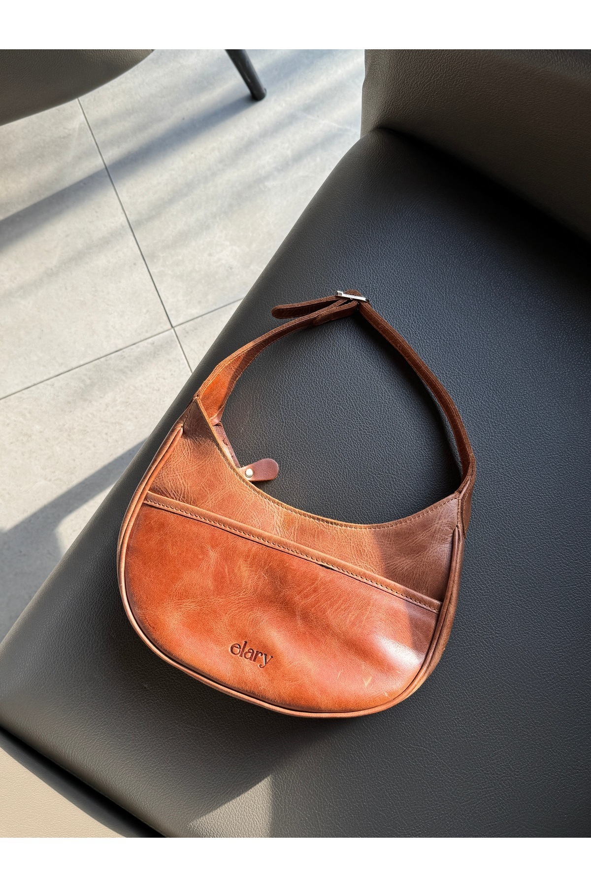 elary Gerçek Hakiki Deri Çanta Barrel Taba Rengi Çanta Deri Çanta Kadın El - Omuz Çantası Taba Çanta - Görsel 2