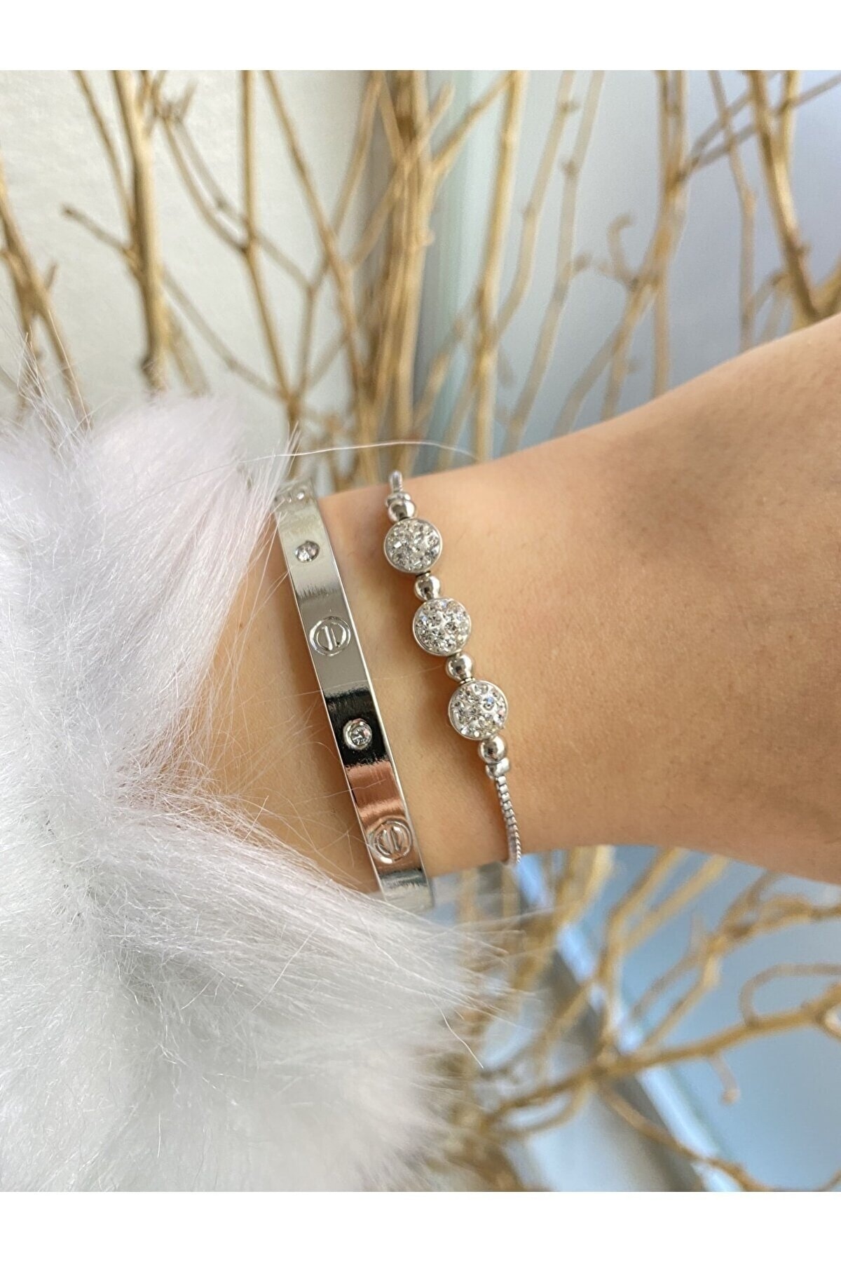 Jack Ferrero Kelepçe & Üçlü Taşlı Asansör Gümüş Renk 2 Li Kombin Bileklik Seti Renk Atmaz