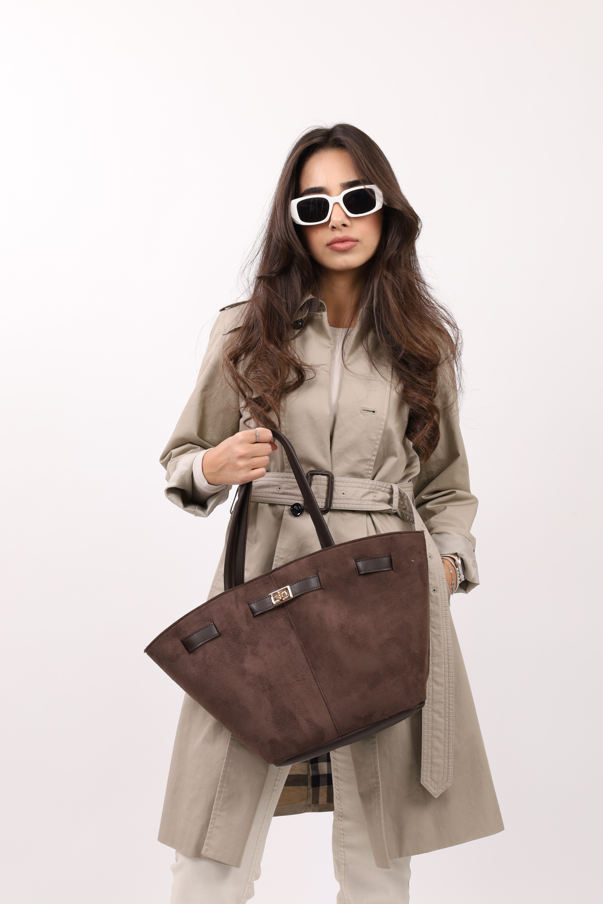 NOTHING Kadın Acı Kahve Süet Deri Mıknatıs Kapamalı Kilit Detaylı El ve Omuz Çantası - Görsel 2