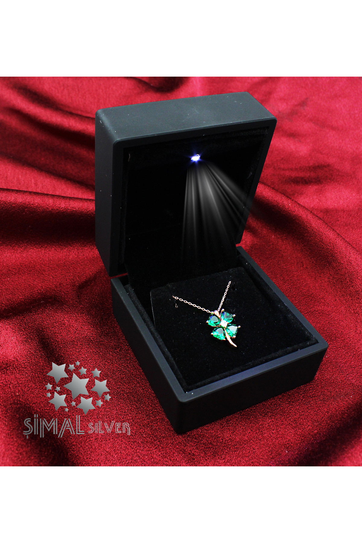 Şimal Silver 925 Ayar Gümüş Işıklı Kutuda Rose Dört Yapraklı Yonca Dilek Kolye
