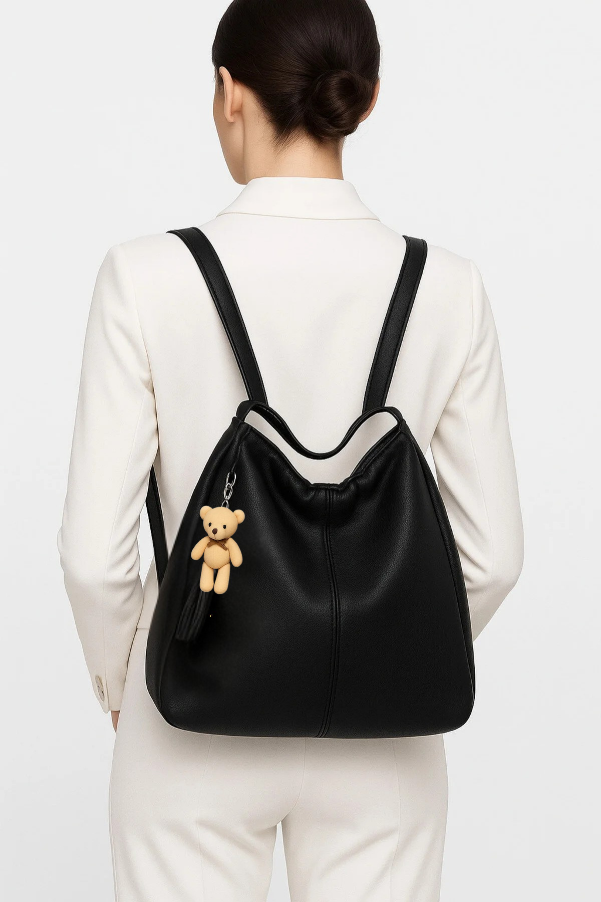 Av A Dos Büyük Boy Kadın Suni Deri Omuz Askılı Ayıcıklı Omuz ve Sırt çantası Olabilen Omuz Çantası - Görsel 3