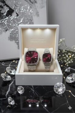 ÇENÇEN Bordo Kadran Gümüs Kordon Yeni Sezon Özel Tasarım Takvimli Sevgili Çift Kol Saatleri