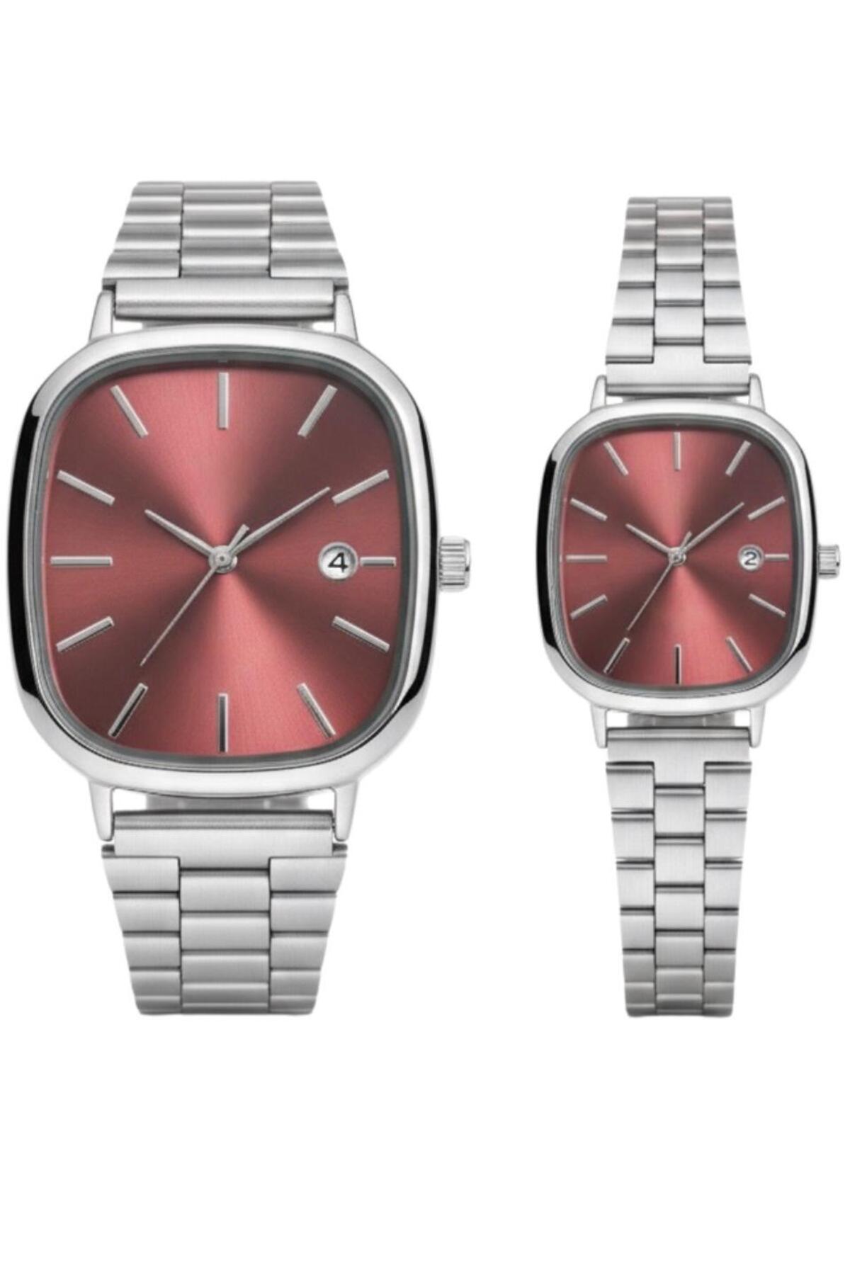 ÇENÇEN Bordo Kadran Gümüs Kordon Yeni Sezon Özel Tasarım Takvimli Sevgili Çift Kol Saatleri - Görsel 2