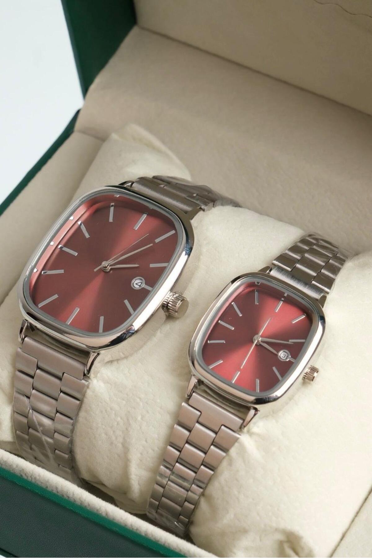 ÇENÇEN Bordo Kadran Gümüs Kordon Yeni Sezon Özel Tasarım Takvimli Sevgili Çift Kol Saatleri - Görsel 3