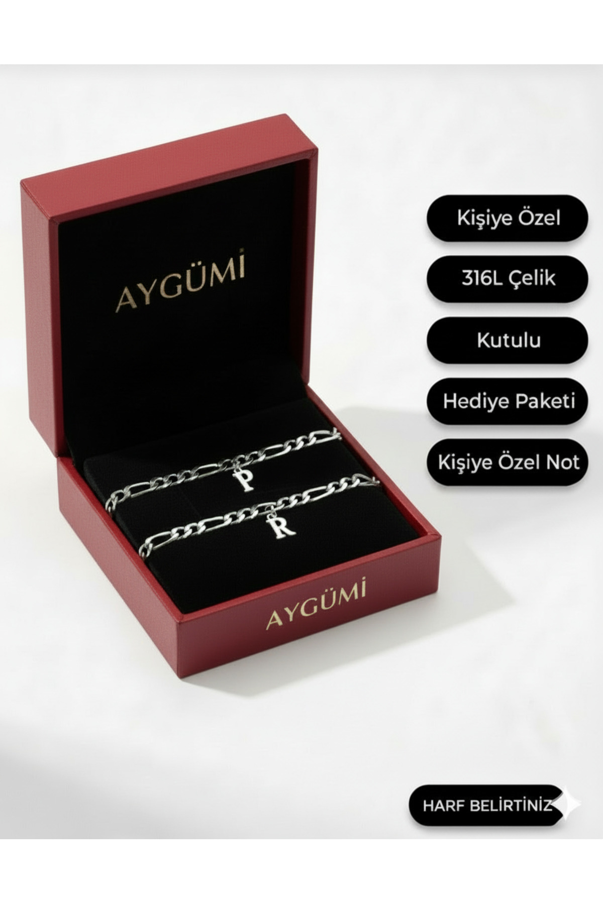 Miyoste 2'li Kararmaz Çelik Ikili Zincir Harfli Sevgili/çift Bilekliği Bileklik Harf