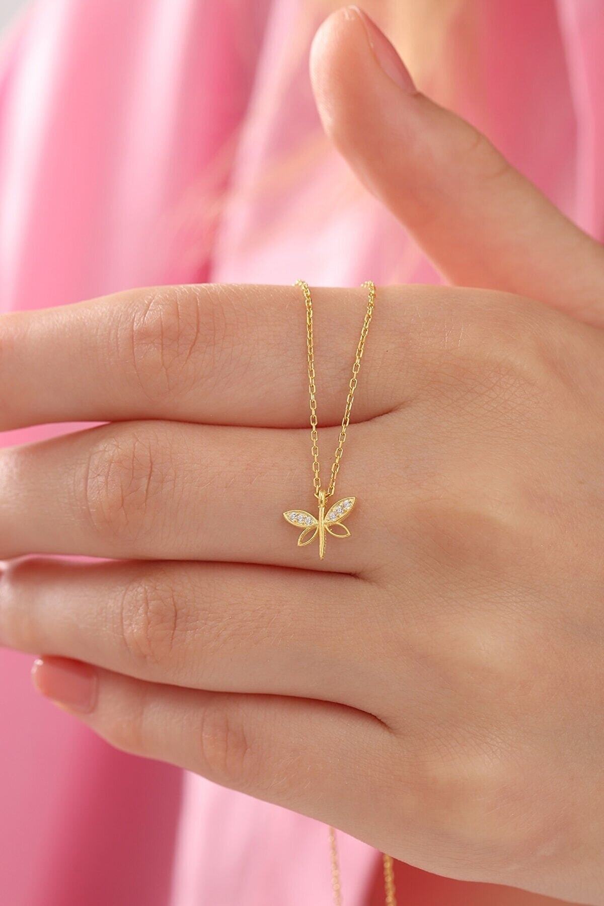 Bilsen Store Kadın 925 Ayar Gümüş Zincirli Altın Kaplama Minimal Yusufçuk Model Kolye