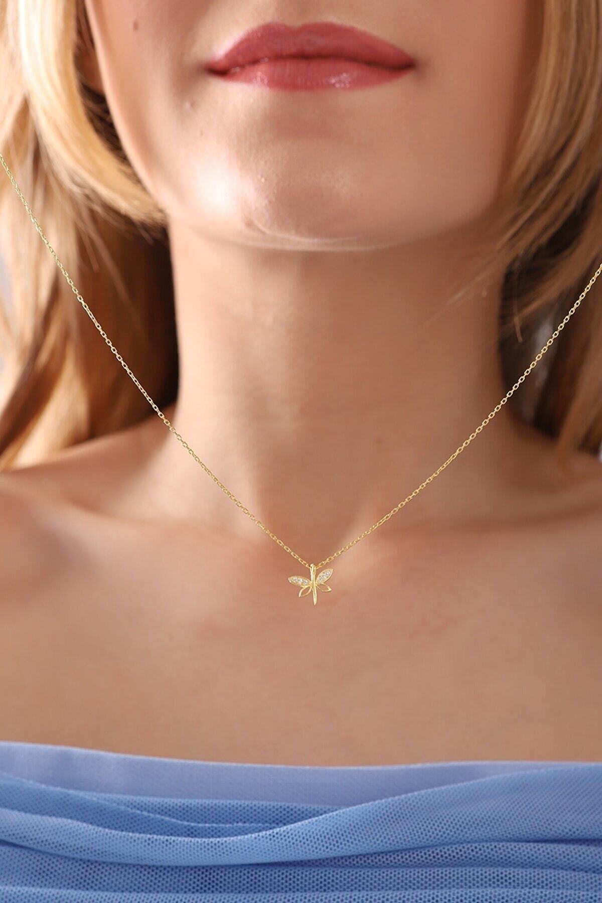 Bilsen Store Kadın 925 Ayar Gümüş Zincirli Altın Kaplama Minimal Yusufçuk Model Kolye - Görsel 2