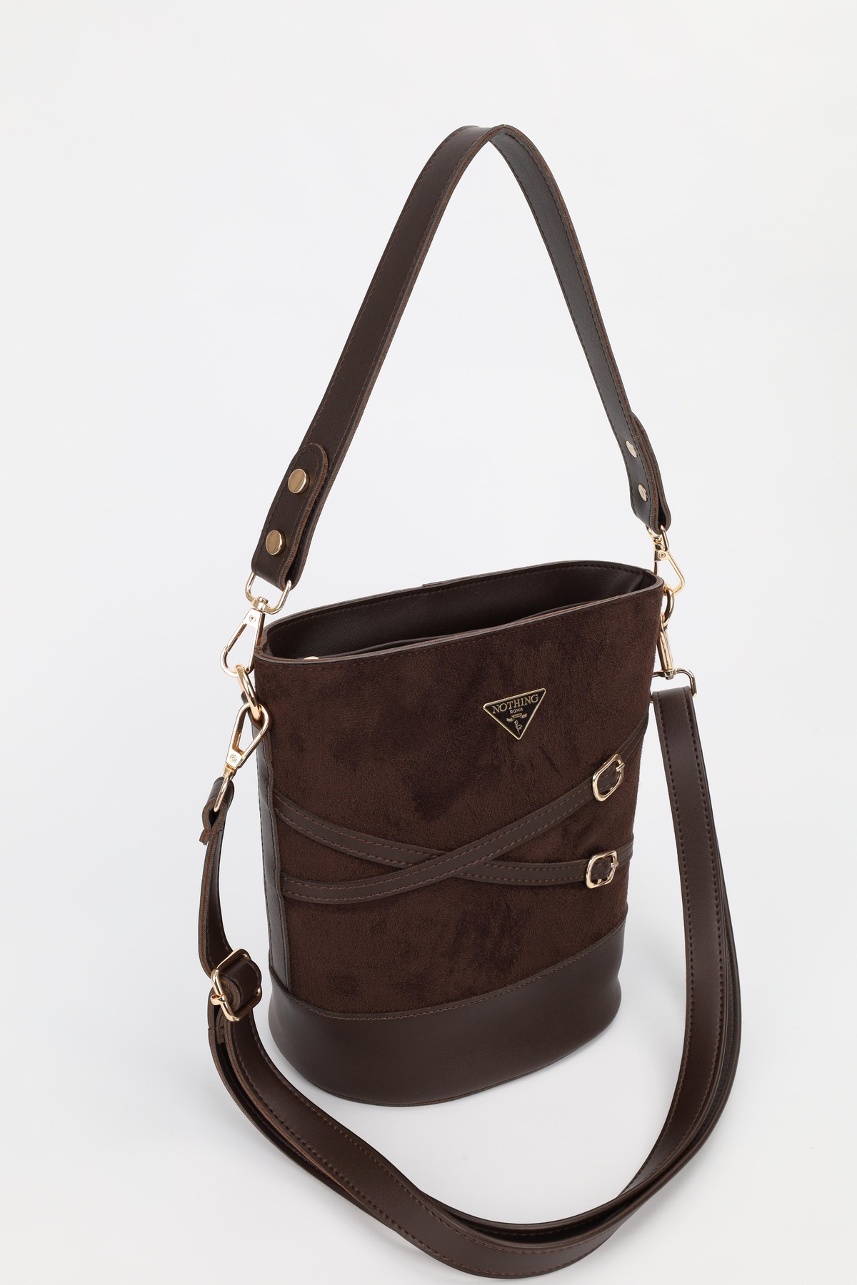 NOTHING Kadın Süet Kahve Kemer Detaylı Kova Model El Omuz Ve Çapraz Çanta Carla - Görsel 3