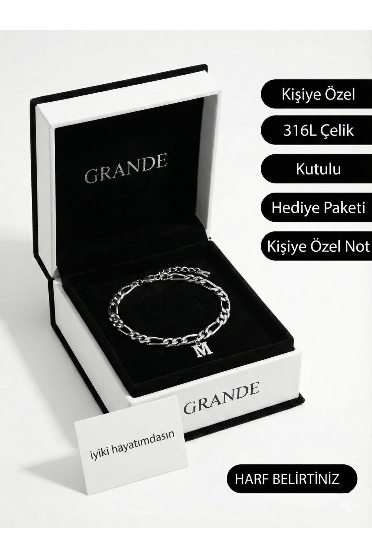 GrandeAccessory Sevgililer gününe Kişiye özel Harfli Bileklik – 316L Çelik, Kutulu & Notlu Sevgili Hediyesi