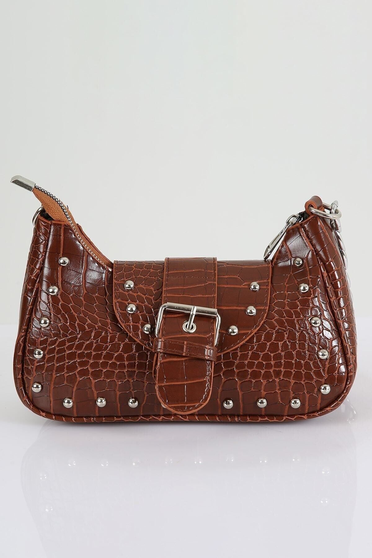 FASOLDY Bony Zımbalı Timsah Desenli Taba Kol Çantası