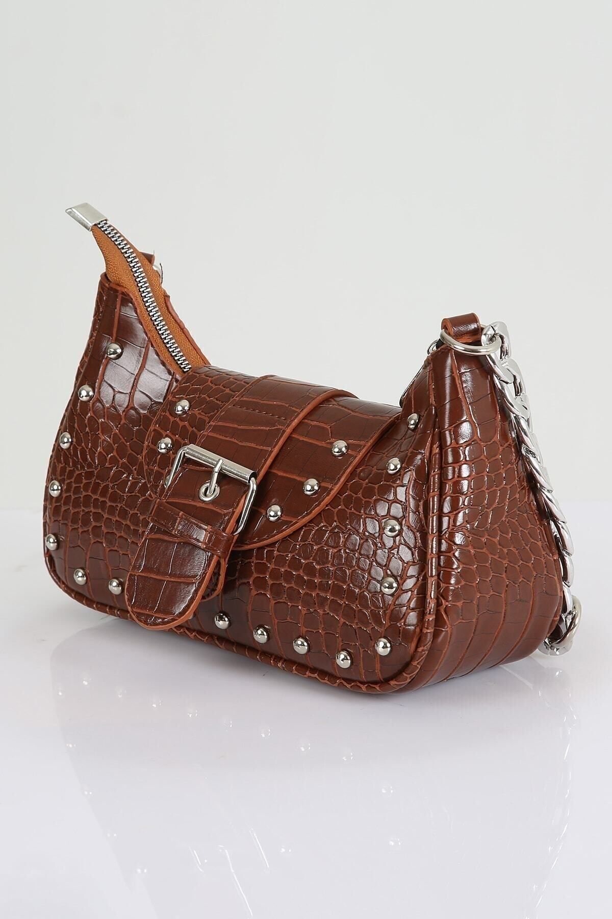 FASOLDY Bony Zımbalı Timsah Desenli Taba Kol Çantası - Görsel 3