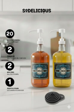 SODELICIOUS COFFEE TEA 2’li Premium Set | 500 ml Pompalı Cam Şurup Şişesi – 20 Çeşit Vintage Etiketli + Silikon Huni,