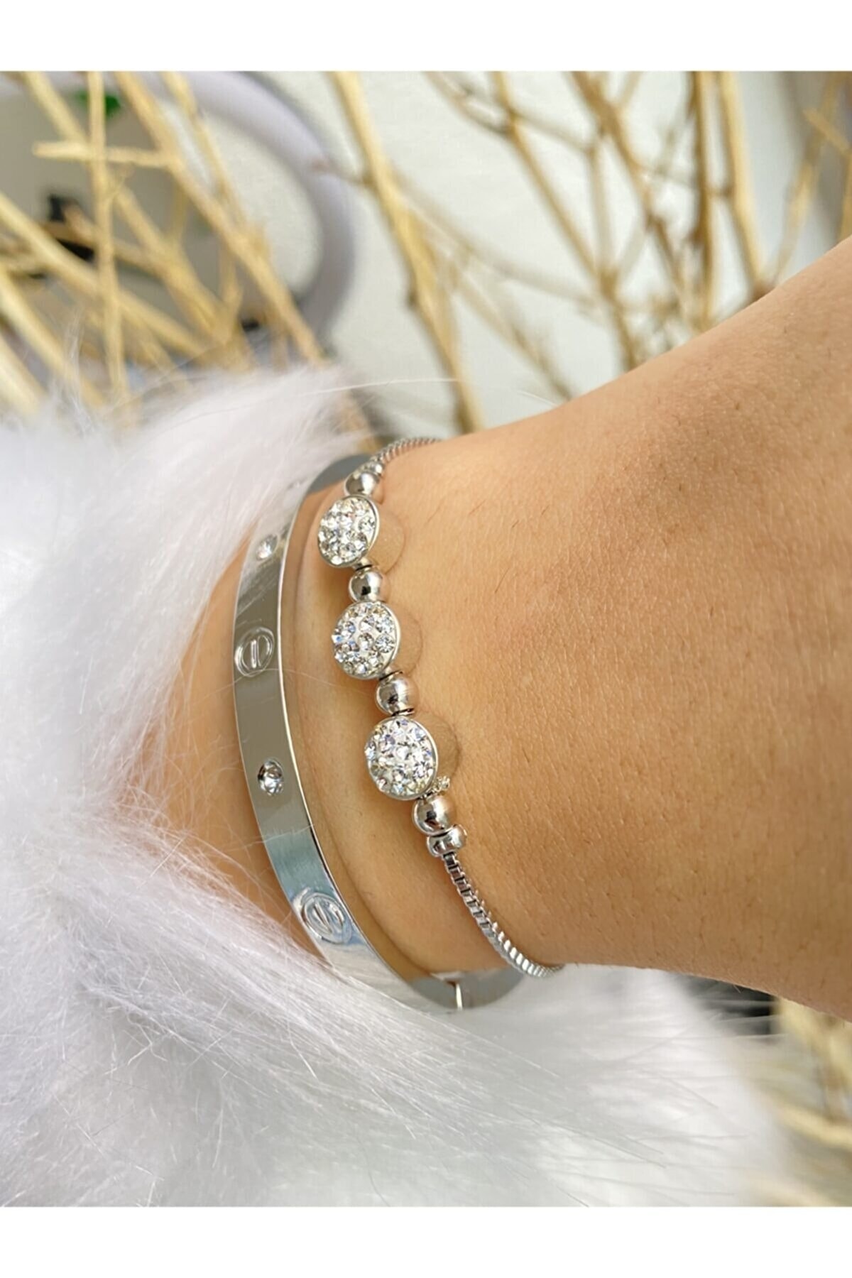 Jack Ferrero Kelepçe & Üçlü Taşlı Asansör Gümüş Renk 2 Li Kombin Bileklik Seti Renk Atmaz - Görsel 2