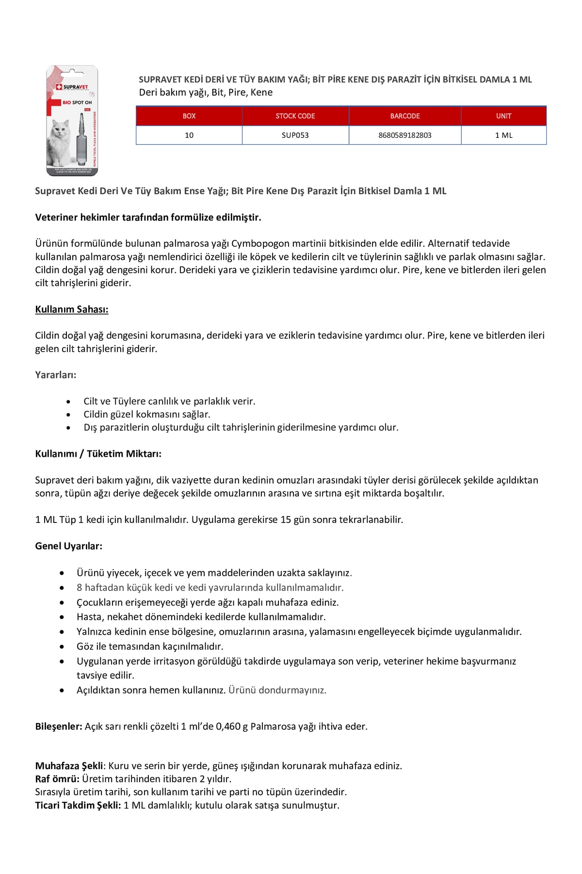 Supravet Kedi Deri Ve Tüy Bakım Yağı; Bit Pire Kene Dış Parazit Uzaklaştırıcı 1 ML - Görsel 2