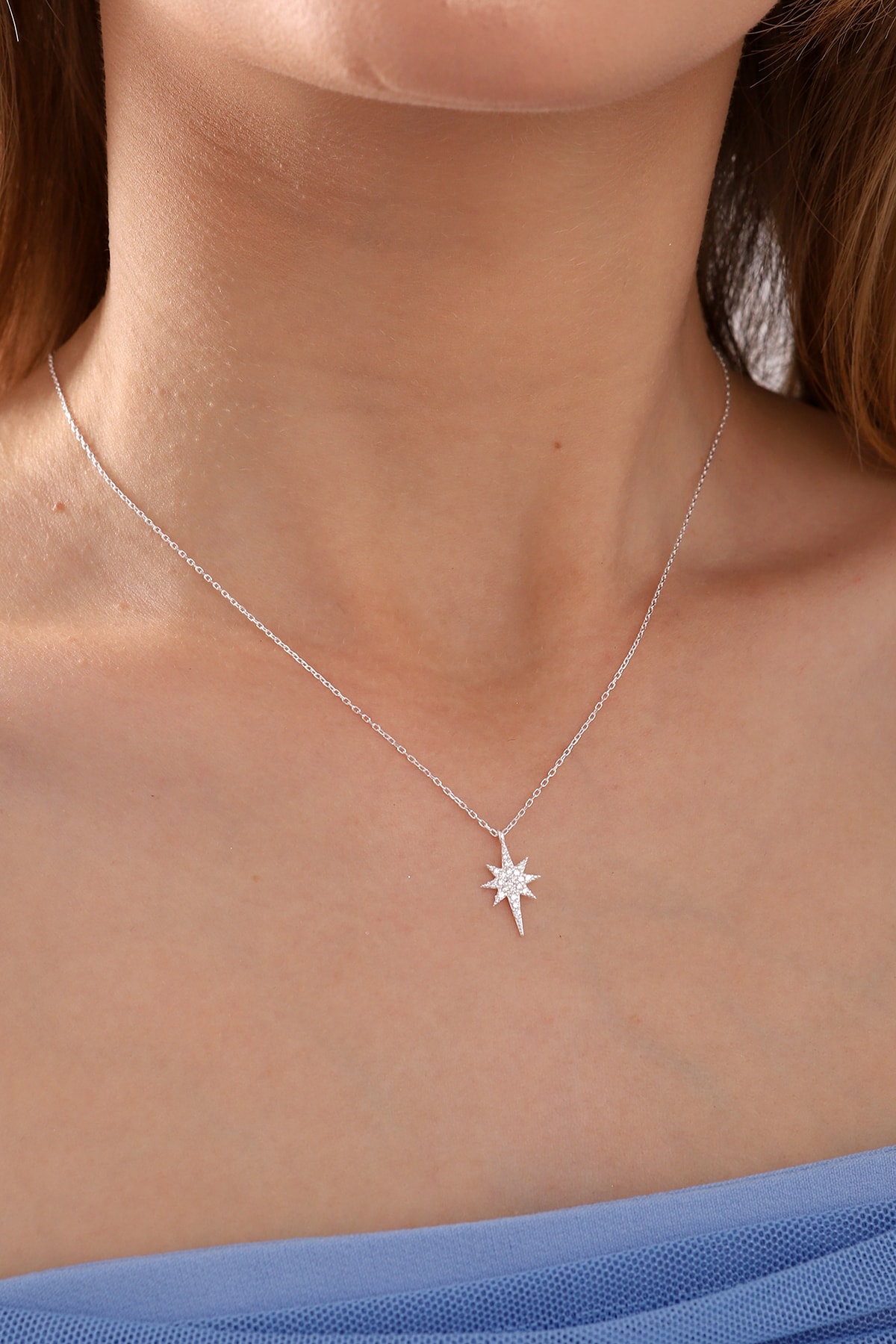 Bilsen Store 925 Ayar Gümüş Zincirli Beyaz Taşlı Kutup Yıldızı Kolye - Görsel 3