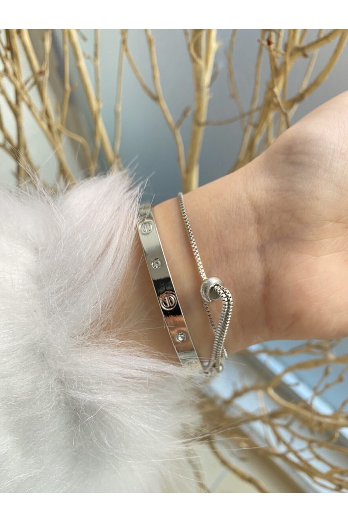 Jack Ferrero Kelepçe & Üçlü Taşlı Asansör Gümüş Renk 2 Li Kombin Bileklik Seti Renk Atmaz - Görsel 3