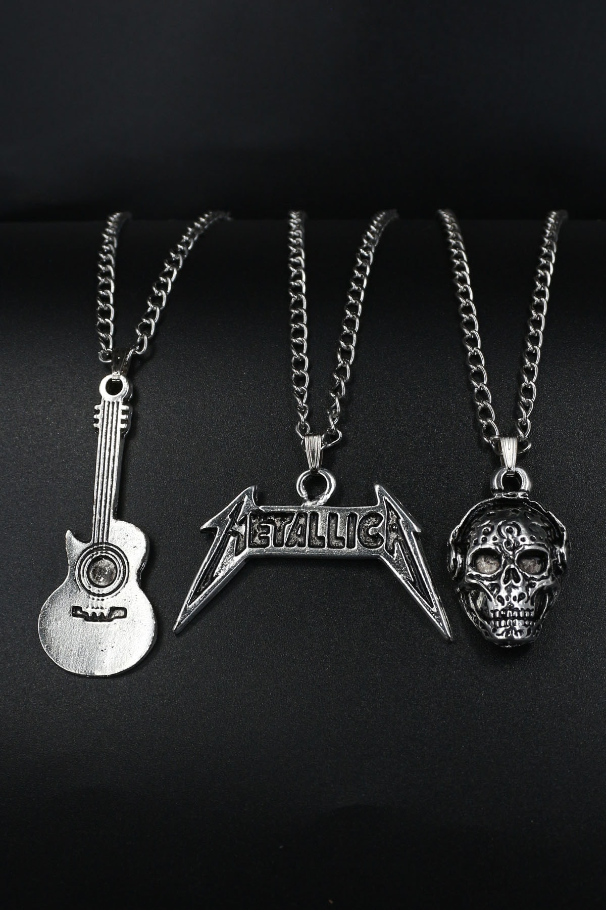 Dukkanka 3'lü Klasik Gitar, Metallica Ve Müzik Dinleyen Kurukafa Gümüş Renk Kolye Seti - Görsel 3