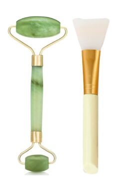 MUJGAN Jade Roller Çift Taraflı Yeşim Taşı Ve Maske Sürme Fırçası Cilt Bakım Seti