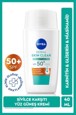 NIVEA SPF50 Derma Skin Clear Sivilce Karşıtı Güneş Koruyucu Yüz Krem 40ml,Matlaştırıcı,Niasinamid,Karnitin