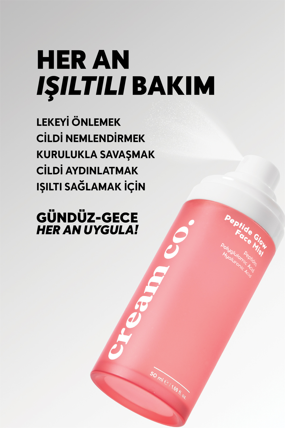 Cream Co. Nemlendirici Aydınlatıcı Yüz Spreyi | Peptit Face Mist | Ektoin Hyaluronik Asit | Tüm Cilt Tipleri - Görsel 3