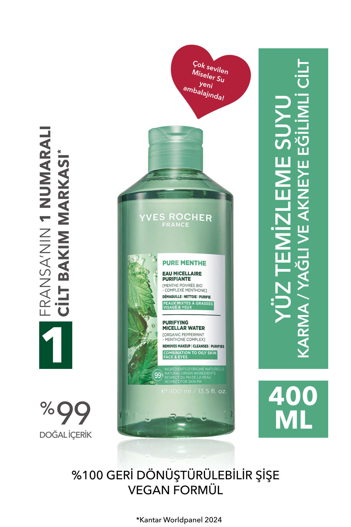 Yves Rocher Micellar Makyaj Temizleme Suyu-Karma,Yağlı, Eğilimli Cilt-Pure Menthe Botanik Kompleks 400ml