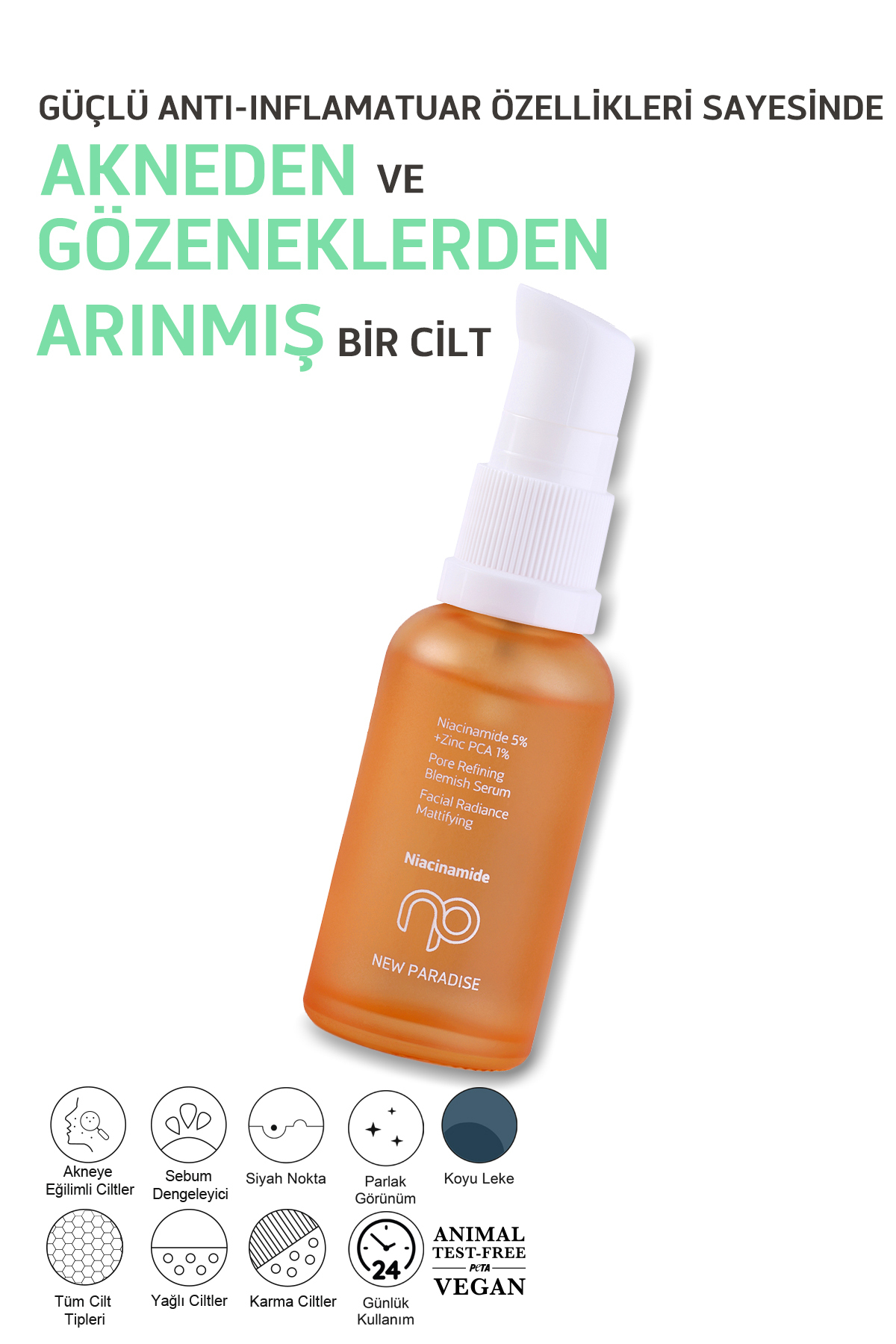 NEW PARADISE Akne Ve Sivilce Karşıtı Siyah Nokta Önleyici Niacinamide Cilt Bakım Serumu 30 ml - Görsel 2