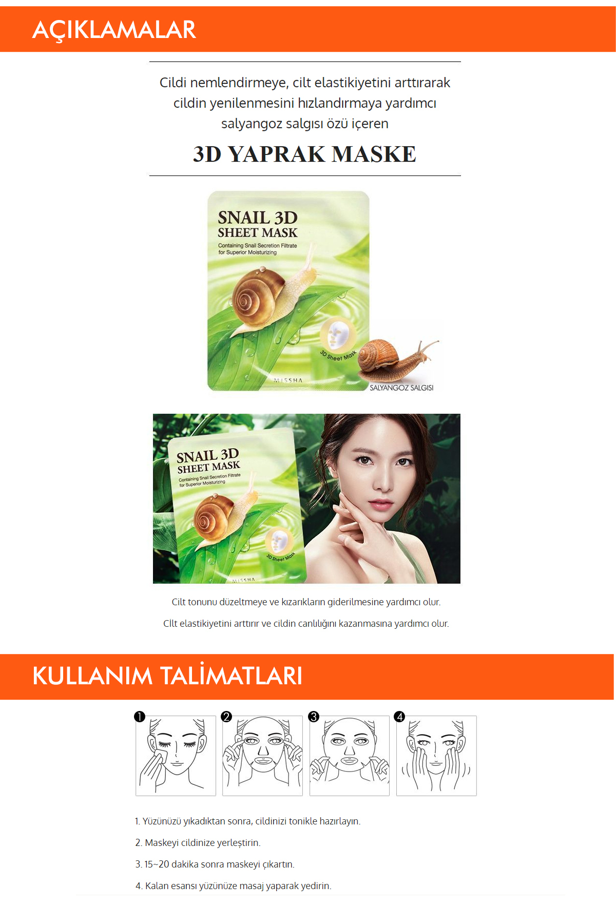 Missha Salyangoz Salgısı Özü İçeren Nemlendirici 3D Yaprak Maske Snail 3D Sheet Mask - Görsel 2