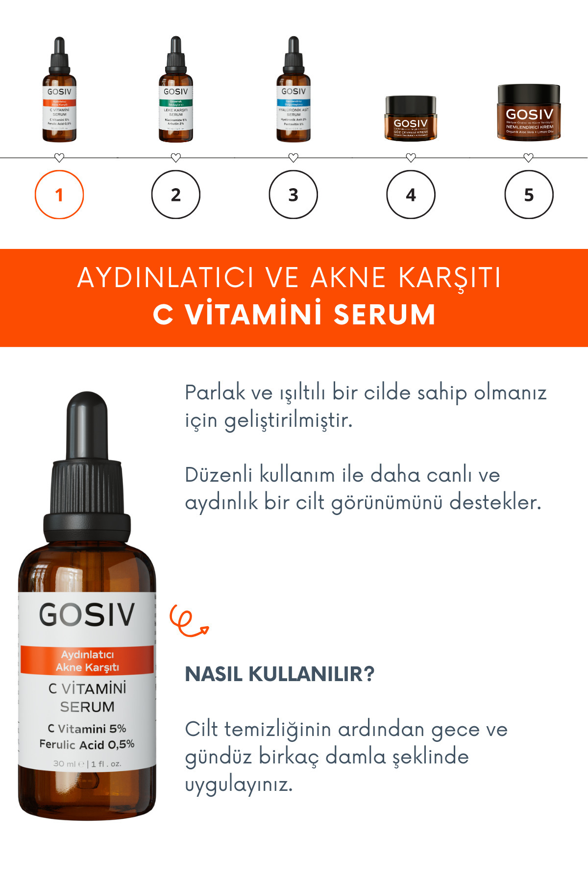 Gosiv Aydınlatıcı ve Akne Eğilimli Ciltler İçin C Vitamini Serum 30 ML (C Vitamini 5% + Ferulic Acid 0,5%) - Görsel 2