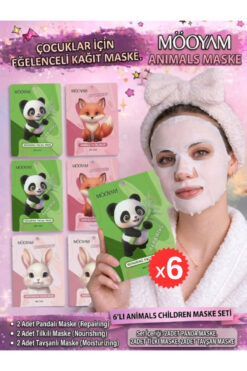 M00YAM En Çok Tercih Edilen! Animal Tavşan, Tilki, Panda Maske Çocuklar İçin 6'lı Yüz Maske Seti