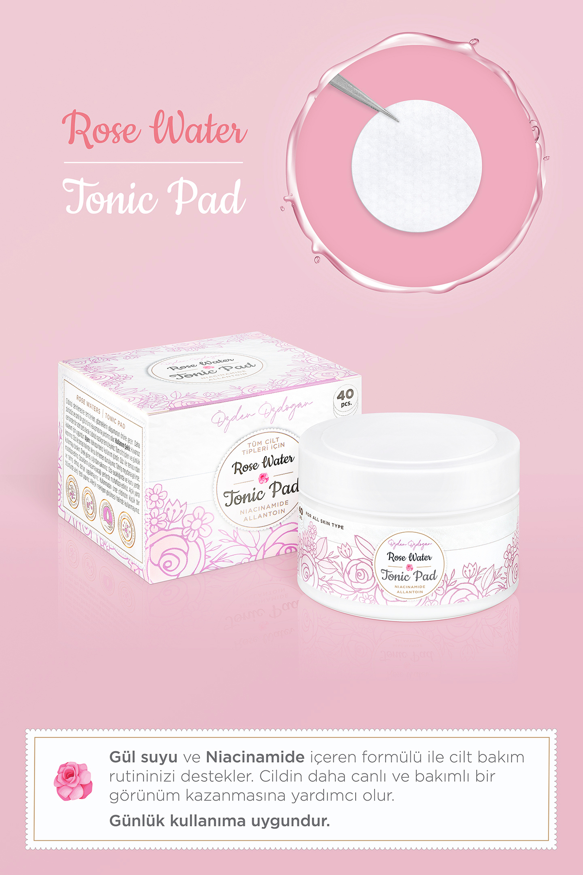 ÖZDEN ÖZDOĞAN Gül Suyu Ve Niacinamide Içerikli Gözenek Sıkılaştırıcı, Onarıcı Ve Nemlendirici Tonik Ped (40 ADET) - Görsel 2