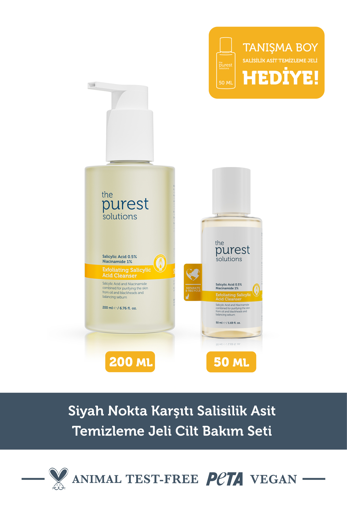 The Purest Solutions Siyah Nokta Karşıtı Salisilik Asit Temizleme Jeli Cilt Bakım Seti: 200 ml + 50 ml Tanışma Boy