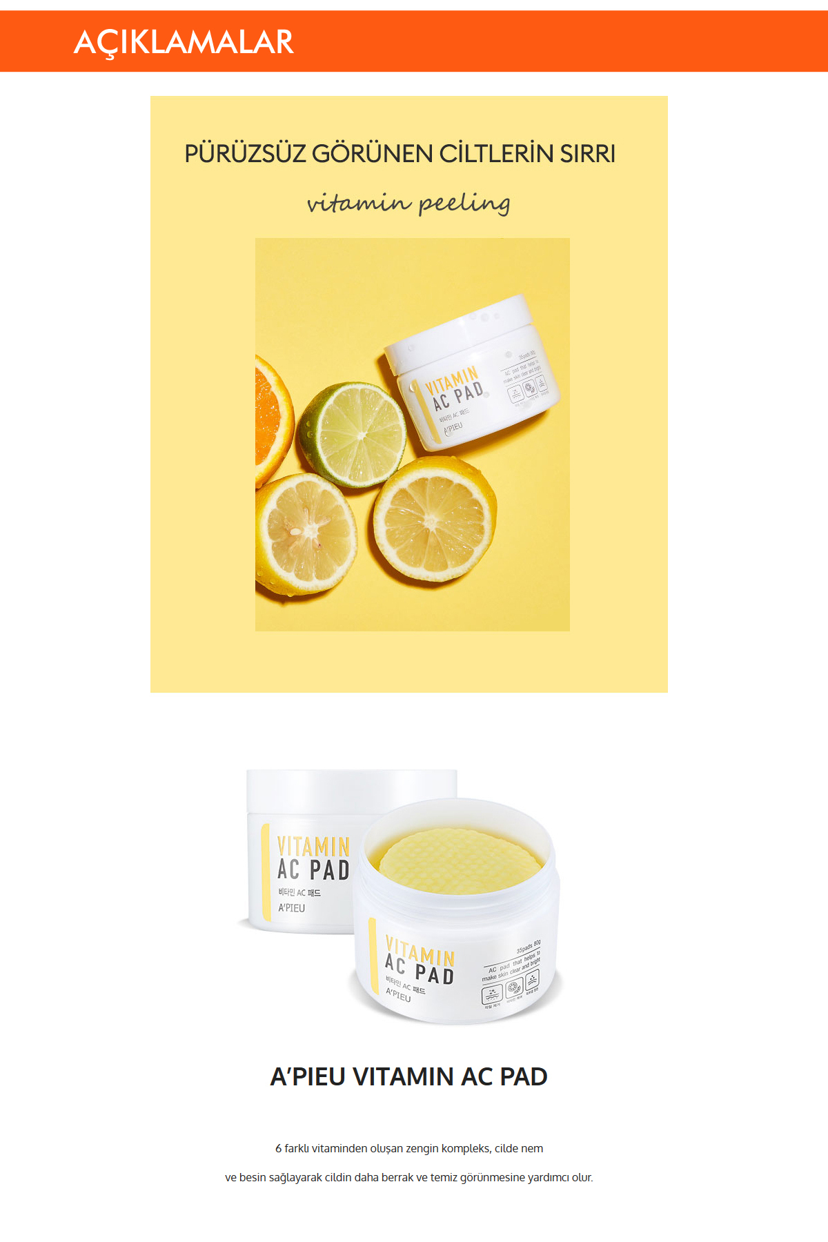 Missha Vitamin İçerikli Canlandırıcı Pürüzsüzleştirici Pamuk Ped (35ad) A'PIEU Vitamin AC Pad - Görsel 3