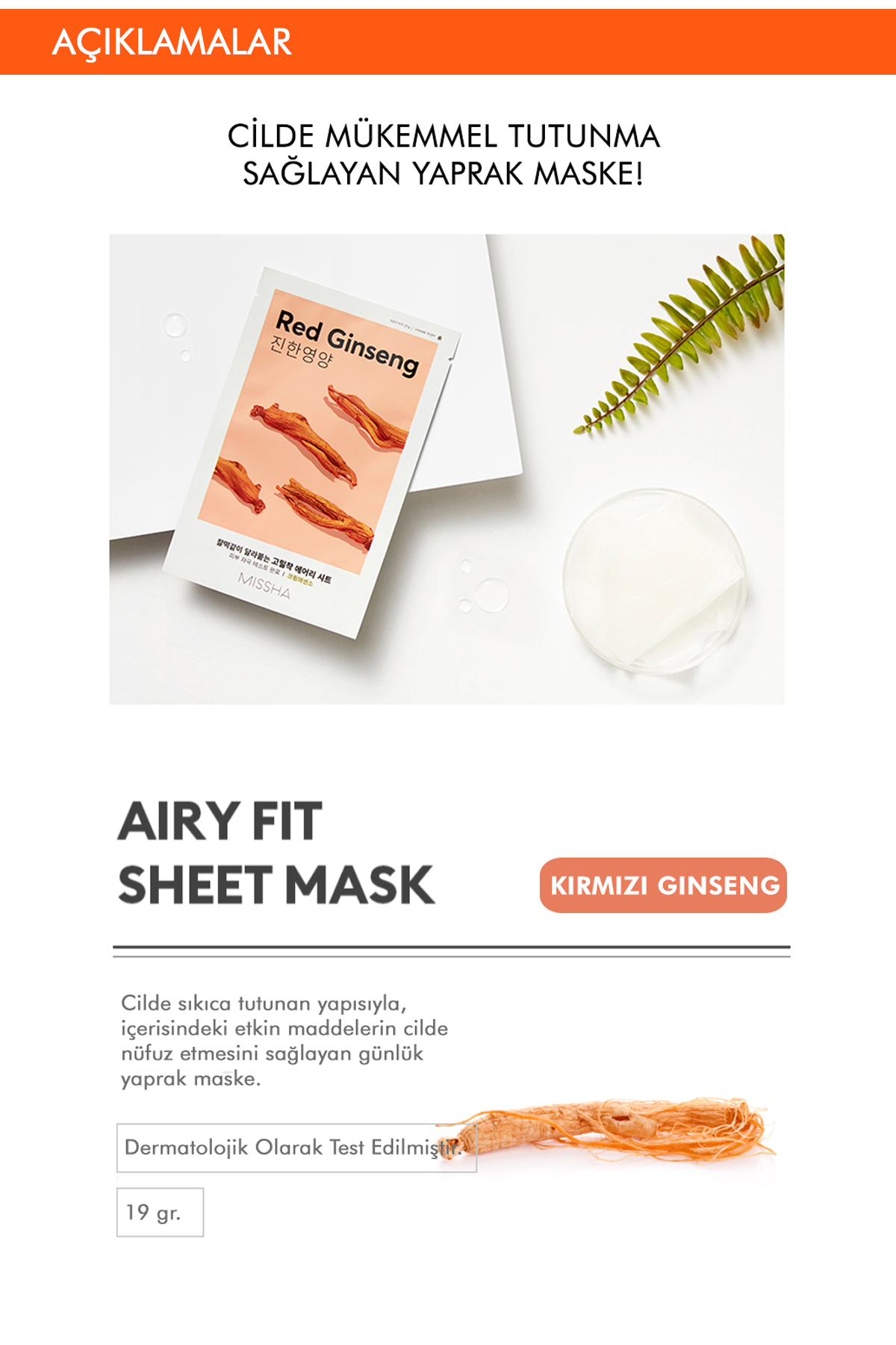 Missha Kırmızı Ginseng Özlü Canlı Görünüm Sağlayan Yaprak Maske (1AD) Airy Fit Sheet Mask Red Ginseng - Görsel 2