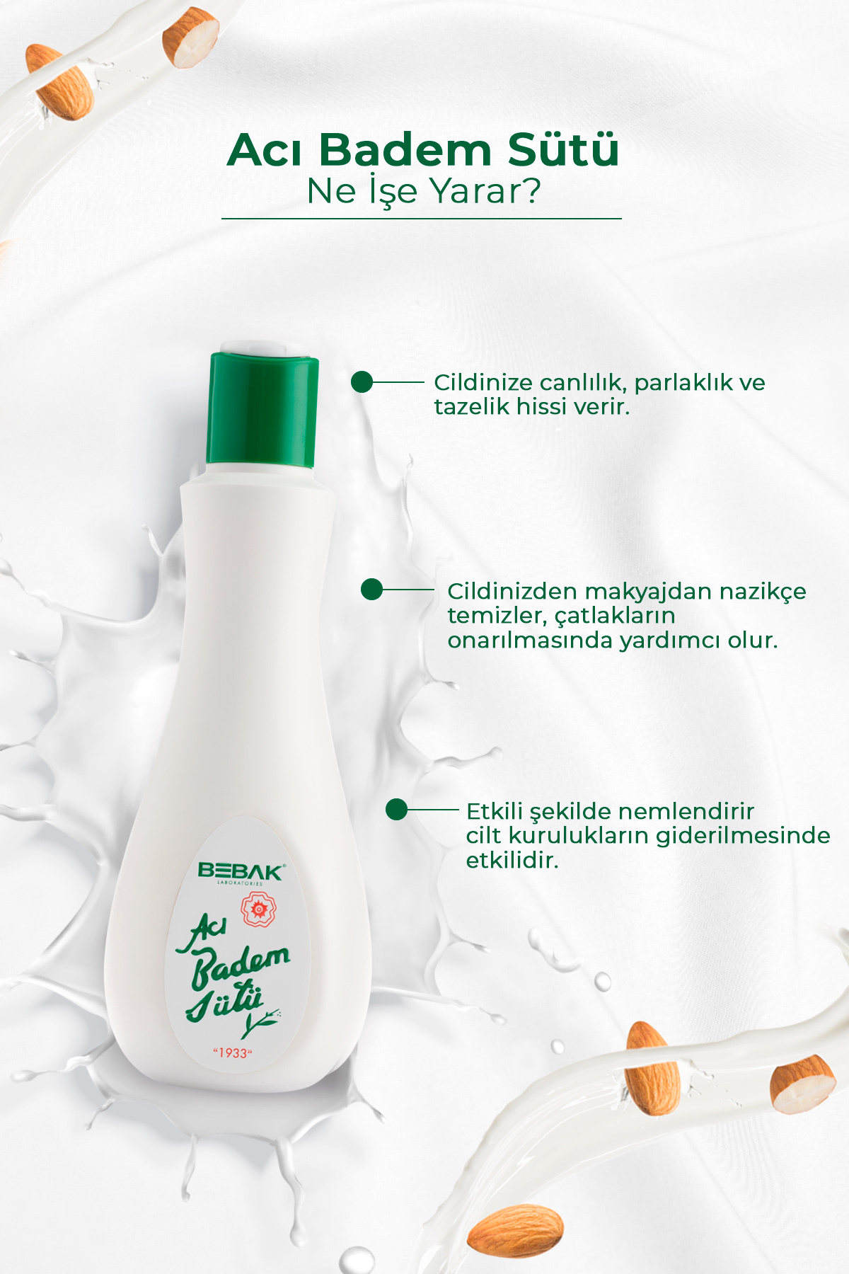Bebak Acı Badem Makyaj Temizleme ve Nemlendirici Bakım Sütü 215 ml Şişe 3 Adet - Görsel 3