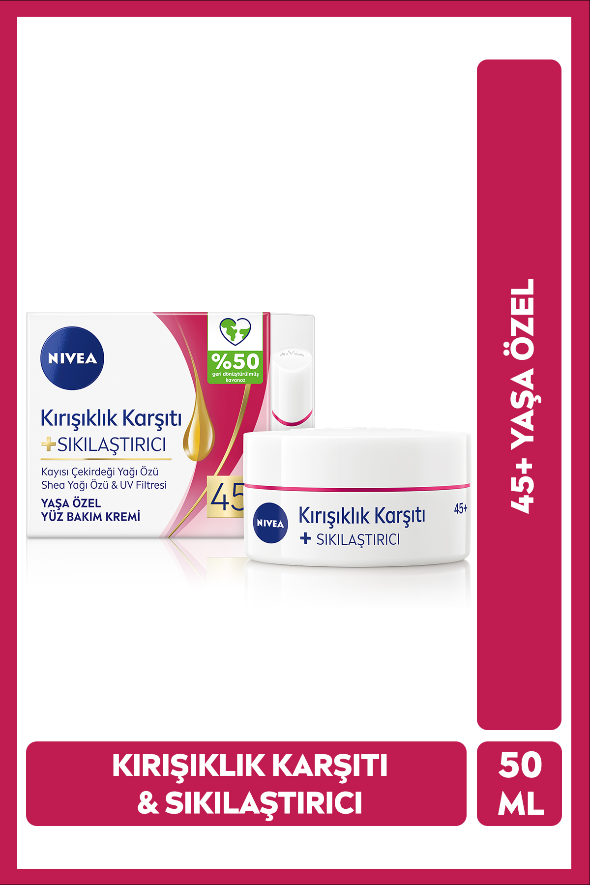 NIVEA 45 Yaşa Özel Kırışıklık Karşıtı Yüz Bakım Kremi 50ml, Sıkılaştırıcı, Kaz Ayağı Kırışıklığı Giderici