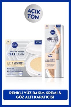 NIVEA SPF15 Cellular Expert Finish Cushion Renkli Yüz Bakım Kremi 15ml ve Göz Bakım Kremi 15ml, Açık Ton
