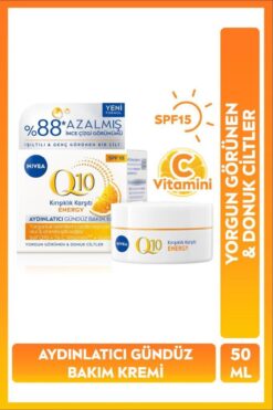 NIVEA SPF15 Q10 Energy Kırışıklık Karşıtı Aydınlatıcı Gündüz Yüz Kremi 50ml, C Vitamini, Canlandırıcı