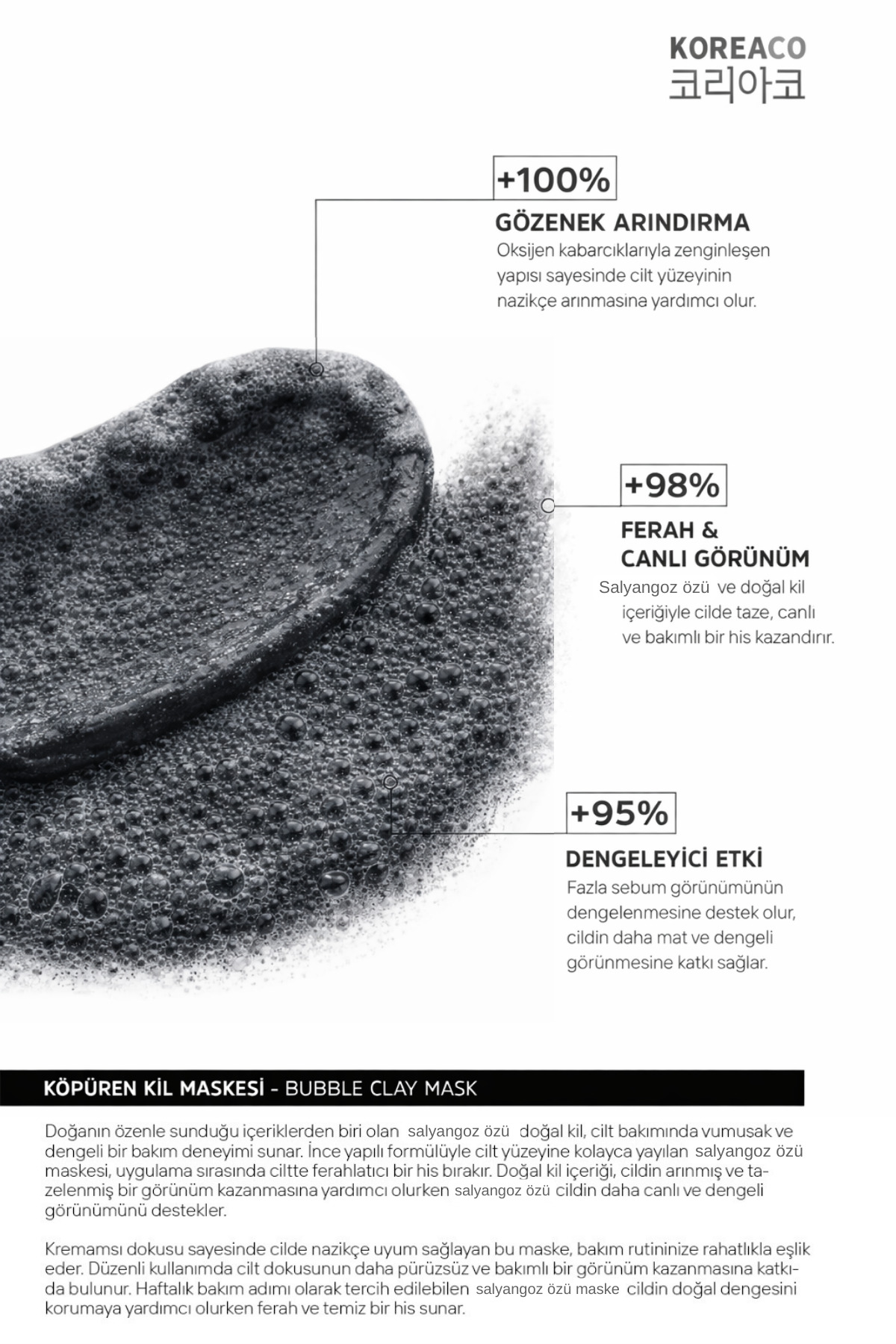 KOREACO Salyangoz Özlü Mucize Bubble Clay Yüz Maskesi | Ultra Yumuşak Nemli Parlak Köpüren Yüz Maskesi 100ml - Görsel 2