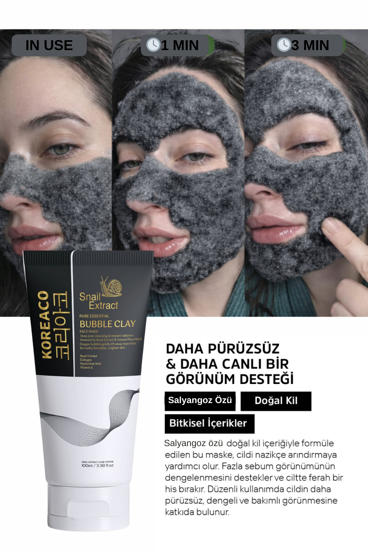 KOREACO Salyangoz Özlü Mucize Bubble Clay Yüz Maskesi | Ultra Yumuşak Nemli Parlak Köpüren Yüz Maskesi 100ml - Görsel 3