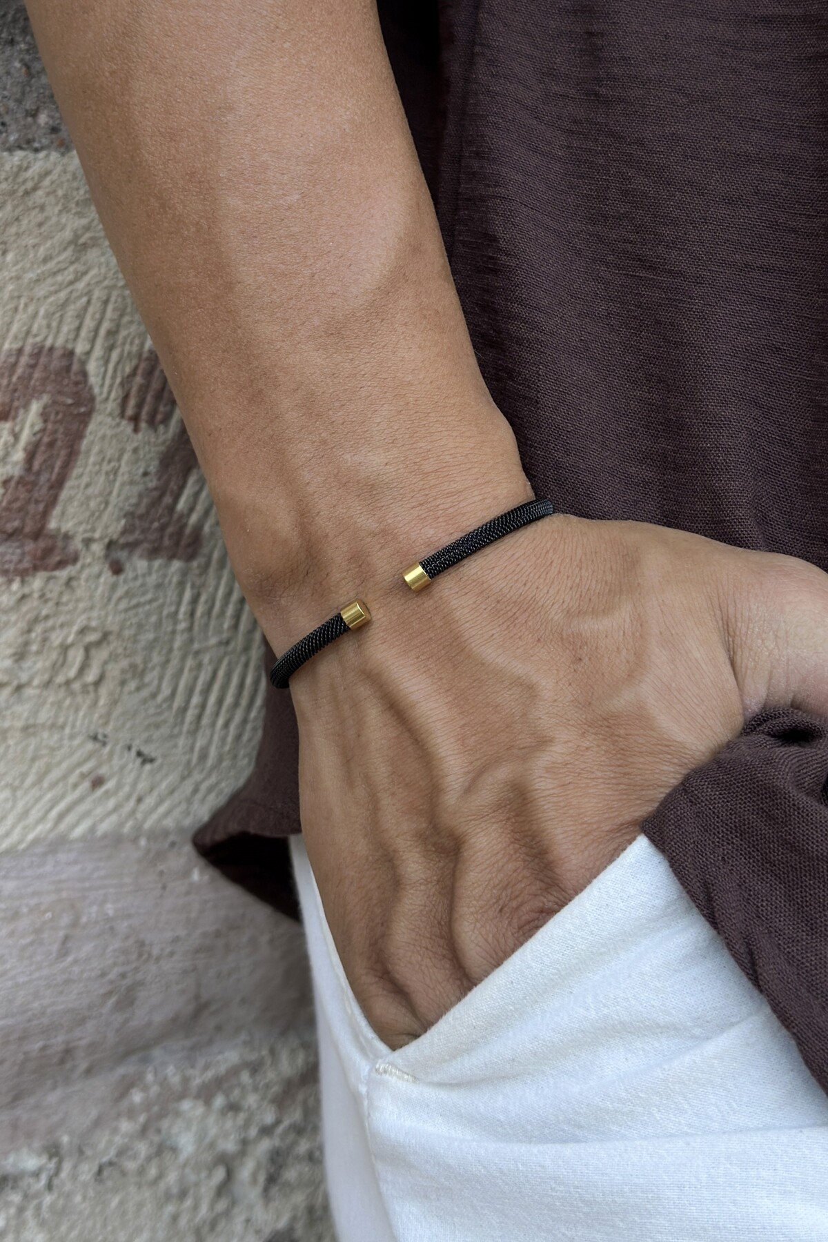 HERİF Aksesuar Erkek Örgü Kelepçe Çelik Bileklik - Siyah Renk - Görsel 2