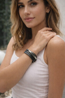 Kutcha Accessories Siyah Gümüş Özel Tasarım Deri Bileklik