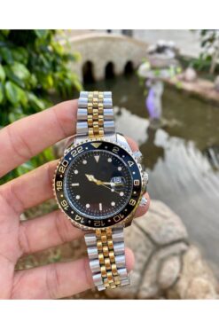 ÇENÇEN Takvimli Gümüş Gold Çelik Kordonlu Siyah Kadranlı Erkek Kol Saat Rolex Model