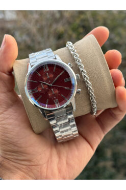 Tulpar Bileklik Hediyeli Çelik Kordon Gümüş Renk Bordo Kadran Erkek Kol Saati