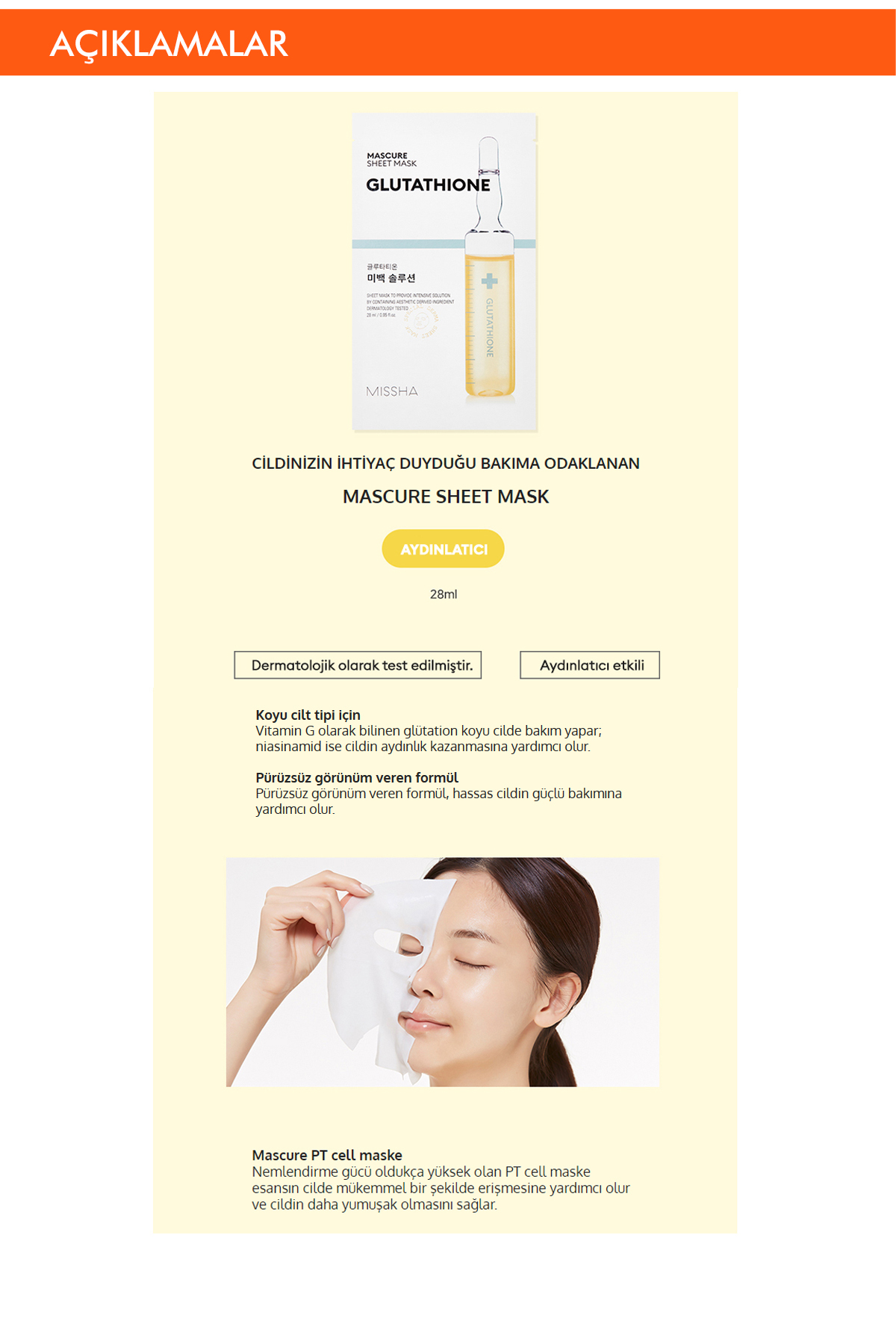 Missha Glutathione İçerikli Aydınlatıcı Yaprak Maske (1ad) Mascure Whitening Solution Sheet Mask - Görsel 2