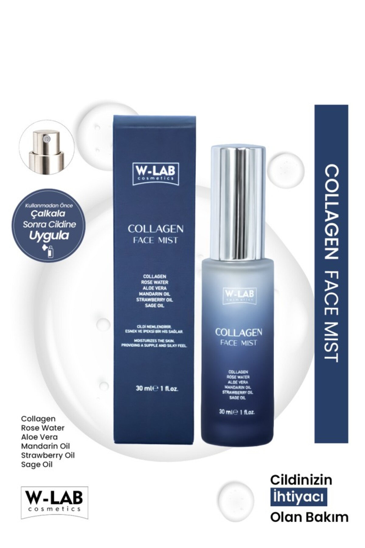 W-Lab Kozmetik Collagen Face Mist Cilt Sıkılaştırıcı & Elastikiyet Artırıcı Yüz Spreyi 30 Ml
