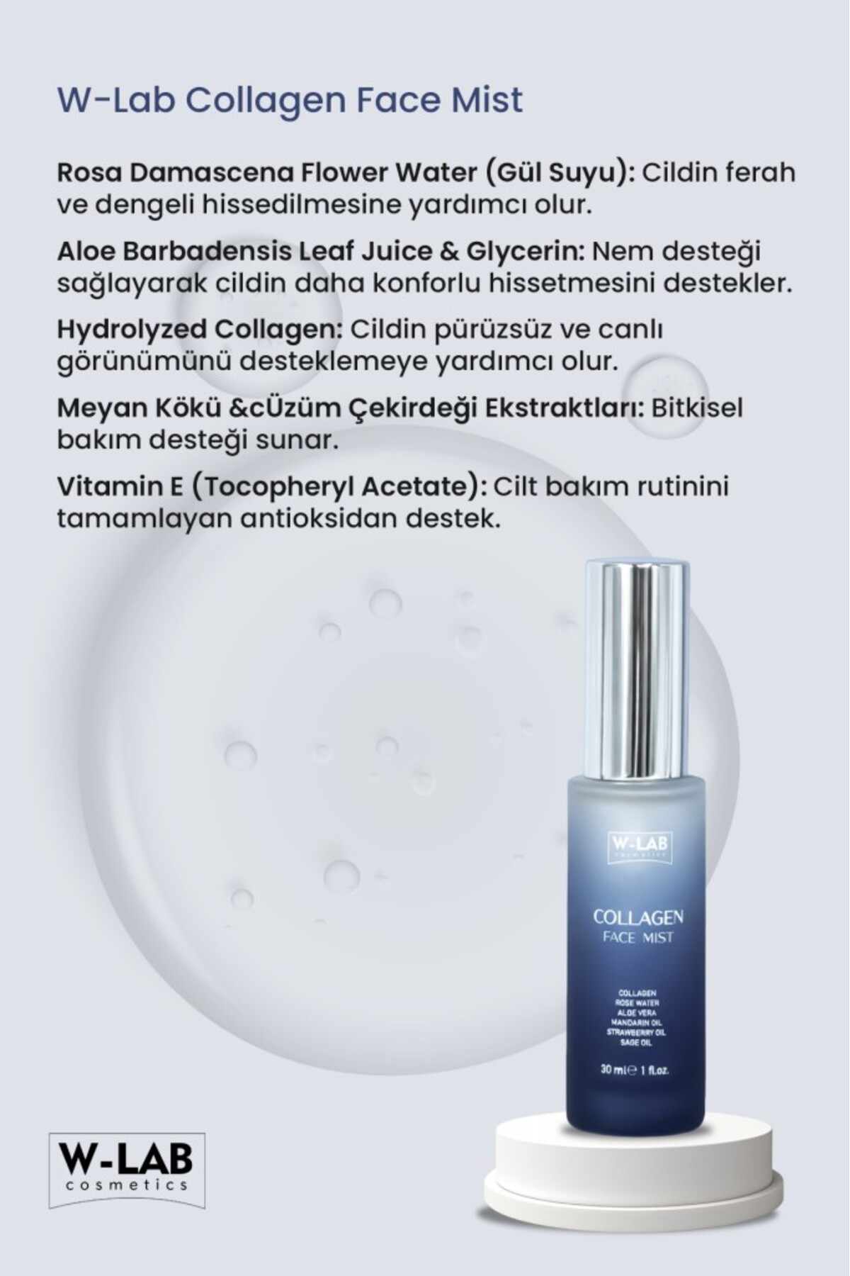 W-Lab Kozmetik Collagen Face Mist Cilt Sıkılaştırıcı & Elastikiyet Artırıcı Yüz Spreyi 30 Ml - Görsel 3